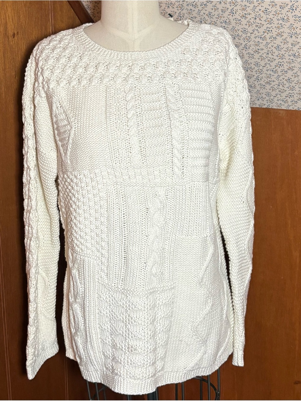 NWT Talbots Medium Ivory Fisherman Cable Knit Sweater 100% Cotton Chunky Cozy